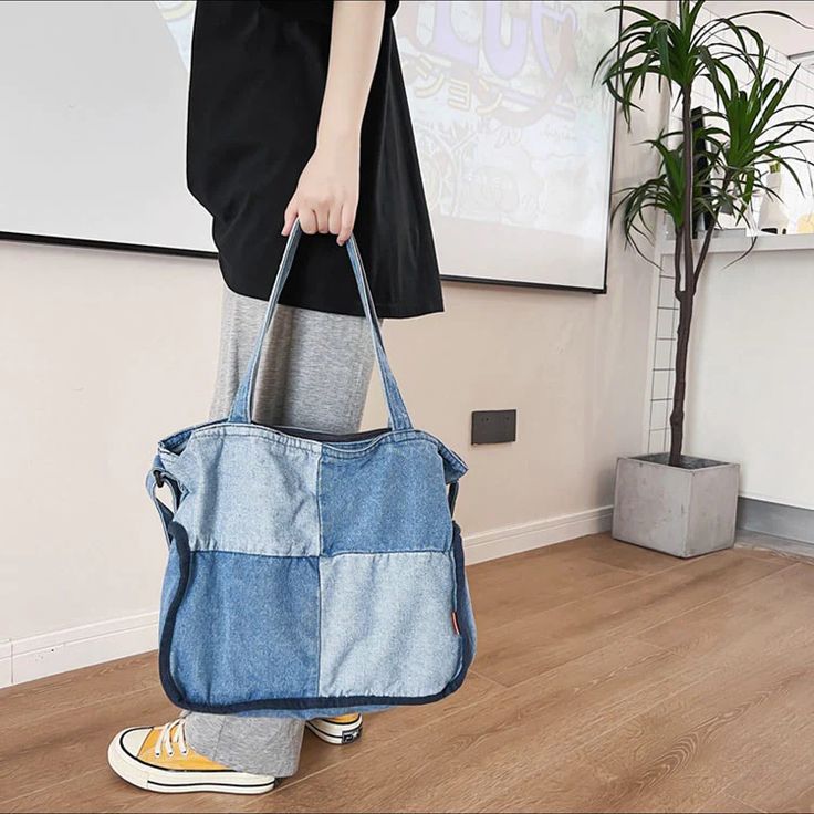 Paneled color contrast denim bag – IFAUN Trendy Large Capacity Denim Shoulder Bag, Trendy Denim Blue Canvas Bag, Casual Patchwork Shoulder Bag, Trendy Canvas Bag With Zipper Pocket, Casual Denim Shoulder Bag For Errands, Casual Cotton Patchwork Bag, Trendy Patchwork Tote Bag, Casual School Bag With Patchwork, Trendy Patchwork Travel Shoulder Bag