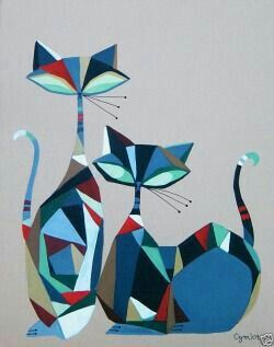 an image of two cats that are made out of different shapes and sizes, with one cat looking up at the other