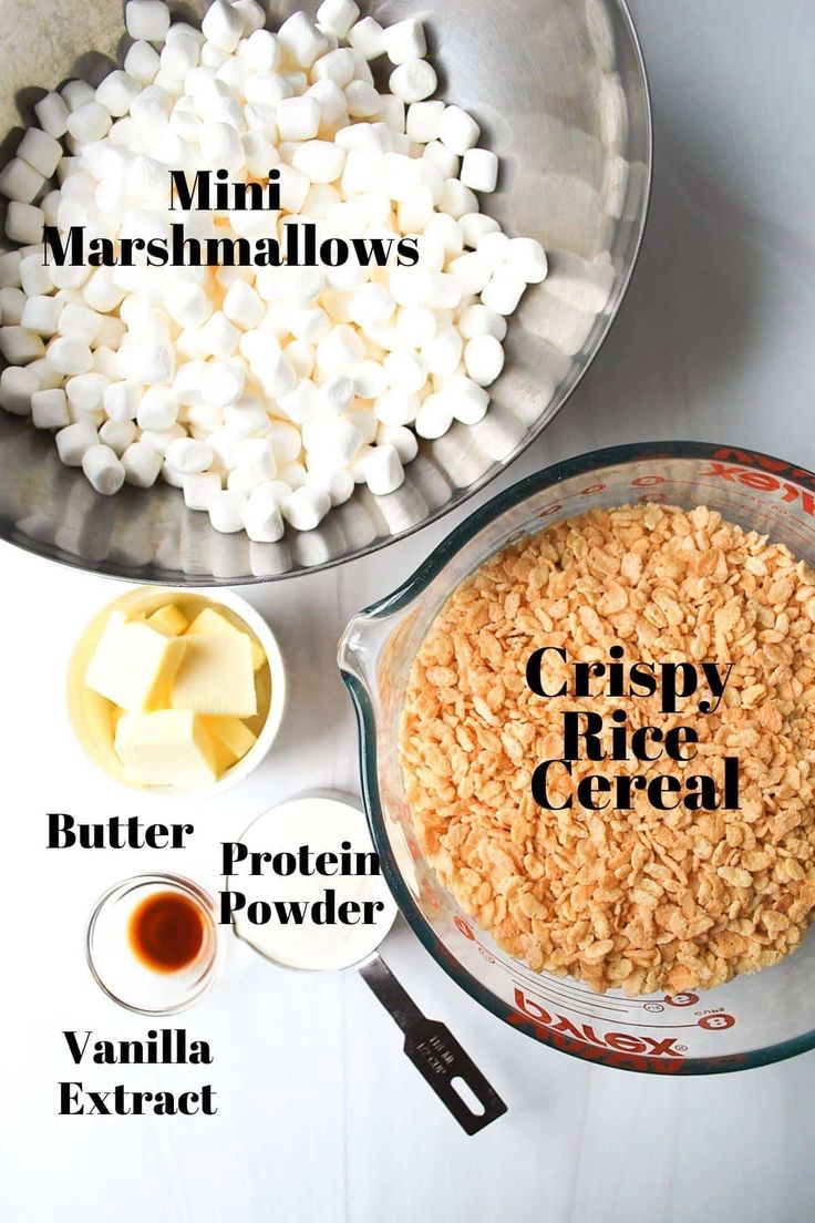 ingredients to make crispy rice cereal displayed on white table with text overlay that says crispy rice cereal