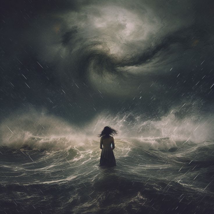 a woman standing in the middle of a large body of water under a stormy sky