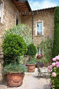 an outdoor area with potted plants and chairs in front of a stone building surrounded by greenery