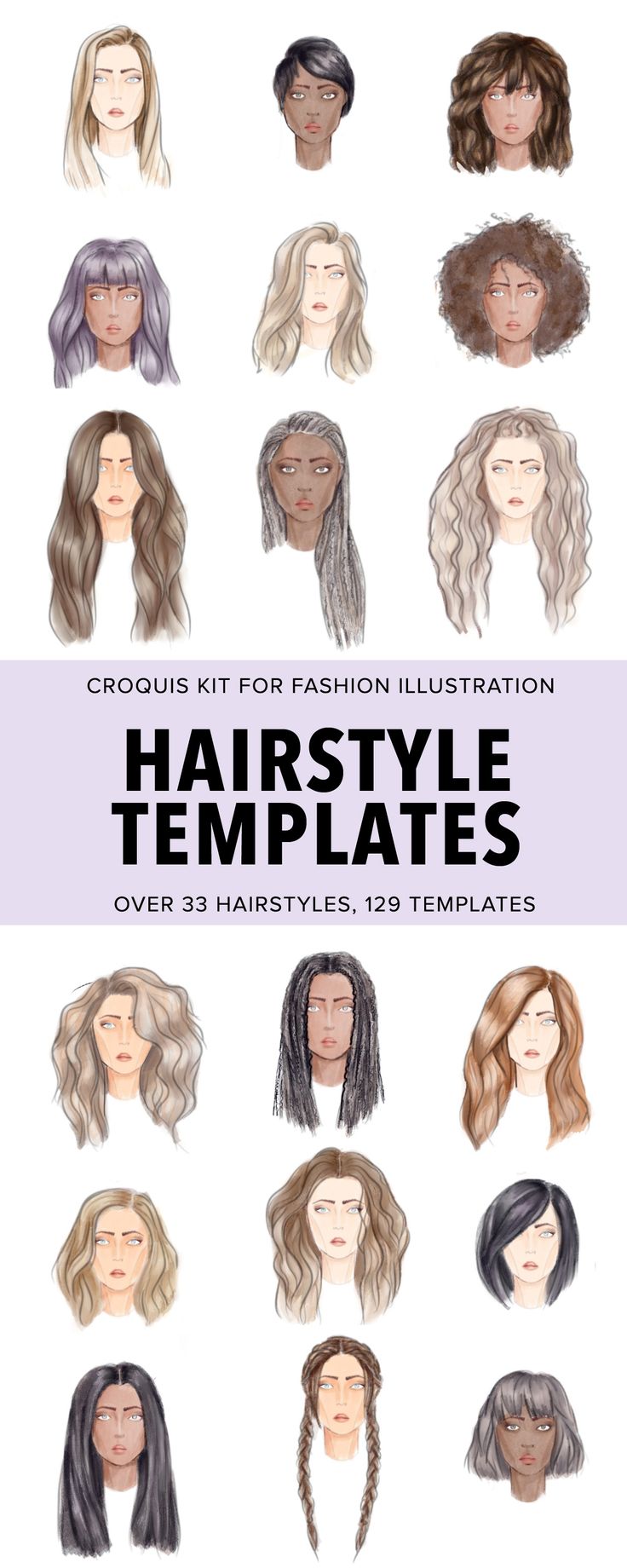 Easily draw hairstyles using the templates in this Croquis Kit. There are over 33 hairstyles and 129 templates to chose from. Curly, straight, wavy, textured, braids, ponytail, buns, up-dos, short haircuts, etc.  The Croquis Kit is a huge selection of 9-heads female fashion figures including interchangeable head, feet, hands, hair, shoes, bags, and other accessories. Hairstyles Illustration Fashion, 10 Heads Fashion Illustration, 11 Head Croquis Fashion Figures, 12 Head Fashion Illustration, Hair Illustration Drawing, Fashion Figure Templates With Hair, 12 Head Croquis Fashion Figures, Fashion Illustration Hair, Celebrity Bobs