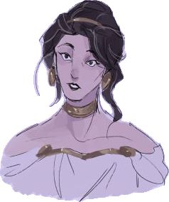 a drawing of a woman in a white dress with gold trimmings on her neck