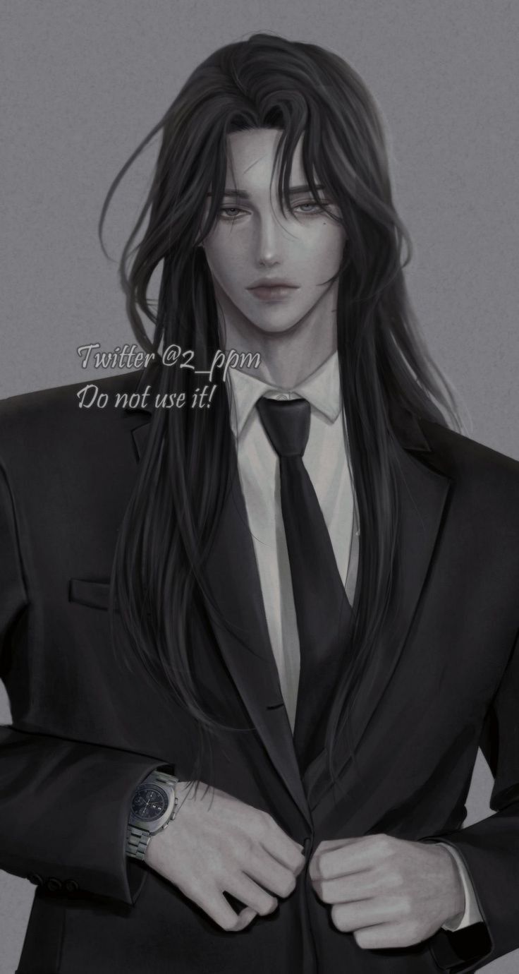 a black and white drawing of a woman in a suit with long hair wearing a watch