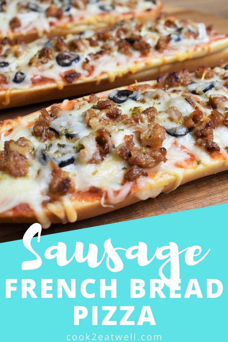 two slices of sausage french bread pizza on a wooden cutting board with text overlay