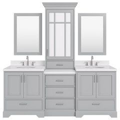 a bathroom vanity with two sinks and three mirrors on the wall, all in grey