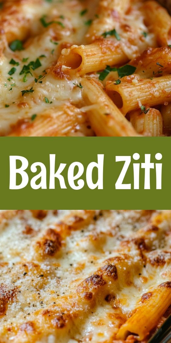 baked ziti pasta with parmesan cheese and herbs in a casserole dish