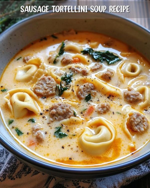 a white bowl filled with pasta and meat in broth, sauce tortellini soup recipe