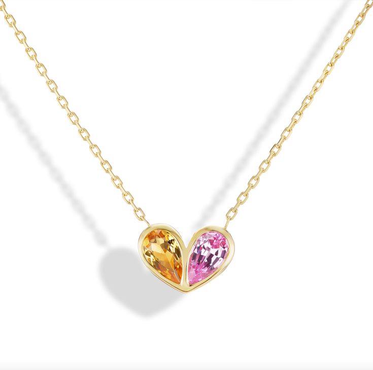 A modern take on a heart design, the sweetheart necklace is the perfect personalized style. Customize with your favorite color or gemstones of your choice. Available in 18K Yellow Gold Chain length = 16in with a 14.5in option Pendant = 15 x 10mm Colored stones are natural and color may slightly vary Certain gemstones are cabochon cut or faceted cut For custom orders please contact info@stephaniegottlieb.com This item is FINAL SALE Elegant Double Heart Gemstone Necklaces, Fine Jewelry Heart Necklace With 17 Jewels, Valentine's Day Yellow Gold Birthstone Necklace, Yellow Gold Gemstone Heart Necklace, Yellow Gold Heart Necklace With Gemstone, Gold Double Heart Gemstone Necklaces, Yellow Gold Double Heart Gemstone Jewelry, Heart Pendant Multi-stone Jewelry Gift, Multi-stone Heart Pendant Jewelry As Gift