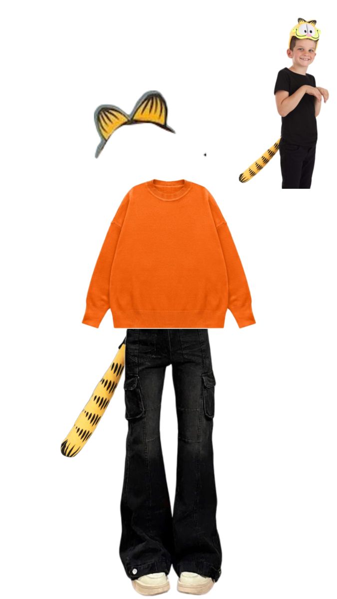 an orange shirt and black pants with a tiger tail