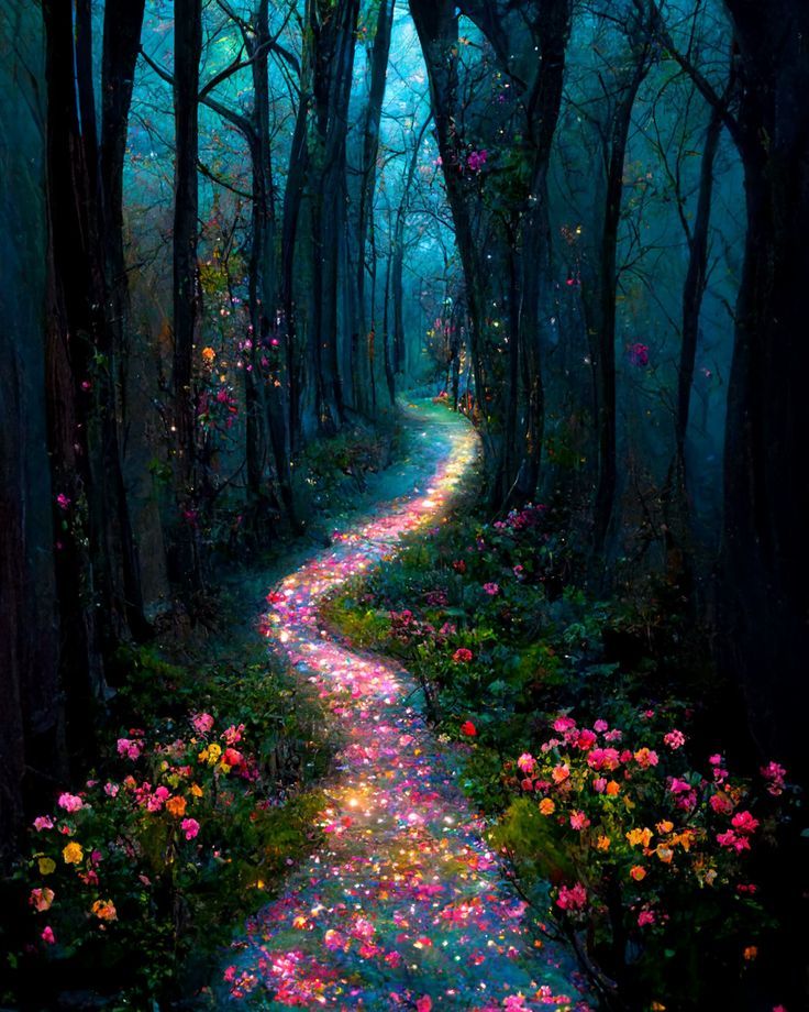 a painting of a path in the woods with flowers on it and light coming from the trees