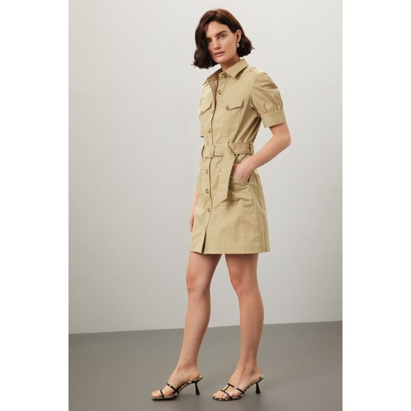 Brown twill (97% Cotton, 3% Spandex). Shirt dress. Short sleeves. Collar. Front button closure. 35" from shoulder to hemline. Imported. Fitted Collared Shirt Dress With Rolled Sleeves, Fitted Mini Dress With Pockets For Daywear, Fitted Short Sleeve Shirt Dress For Fall, Fitted Button-up Shirt Dress With Roll-up Sleeves, Office Dresses With Roll-up Sleeves And Collar, Fitted Summer Dress With Roll-up Sleeves, Casual Fitted Shirt Dress With Spread Collar, Collared Mini Dress For Spring Workwear, Knee-length Shirt Dress With Roll-up Sleeves For Work