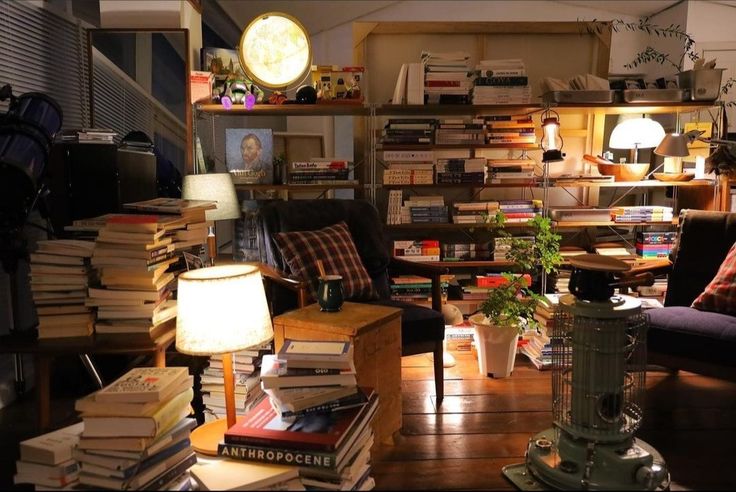 a living room filled with lots of books and furniture