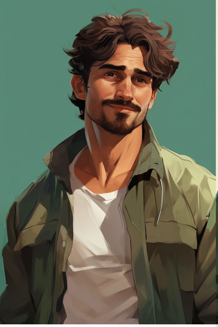 a digital painting of a man with long hair and beard wearing a green jacket, white t - shirt and blue jeans