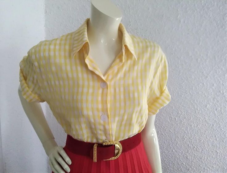 80s plaid blouse yellow button up shirt crinkle blouse minimalist summer blouse 14 US size GLASER basic simple blouse minimalist blouse, viscose 50% and polyester 50 %.  measurements lying flat : shoulders :44cm (17,5 inches)  bust :55 cm (21,5 inches)  total length :75 cm (29 inches)  sleeve length :24 cm (9,5 inches Plaid Short Sleeve Summer Blouse, Summer Plaid Short Sleeve Blouse, Summer Plaid Blouse With Short Sleeves, Plaid Summer Tops For Work, Retro Summer Blouse For Workwear, Summer Retro Blouse For Workwear, Retro Summer Blouse For Work, Summer Plaid Blouse For Daywear, Classic Yellow Blouse For Spring