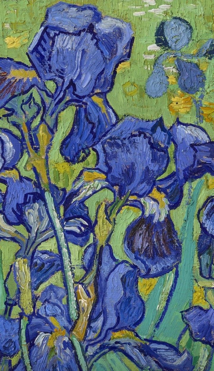 a painting of blue flowers on a green background