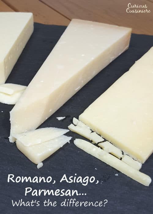 three different types of cheese sitting on top of a cutting board with the words roma, asiao, parmesan and what's the differences?