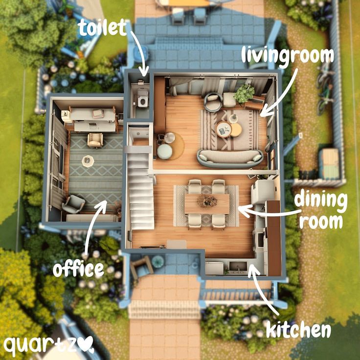 an aerial view of a house with all the rooms labelled