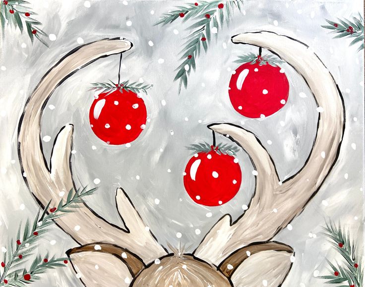 a painting of a reindeer's face with christmas decorations on its antlers