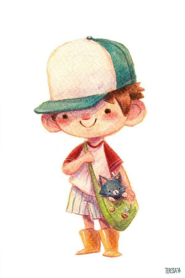 a watercolor painting of a boy with a cat in his hand and wearing a hat