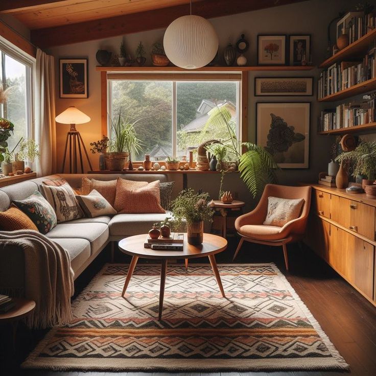 a living room filled with furniture and lots of plants