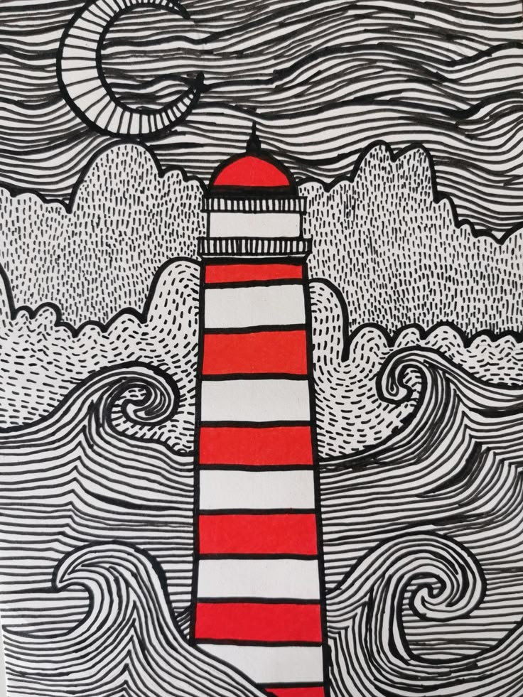 a drawing of a lighthouse in the ocean