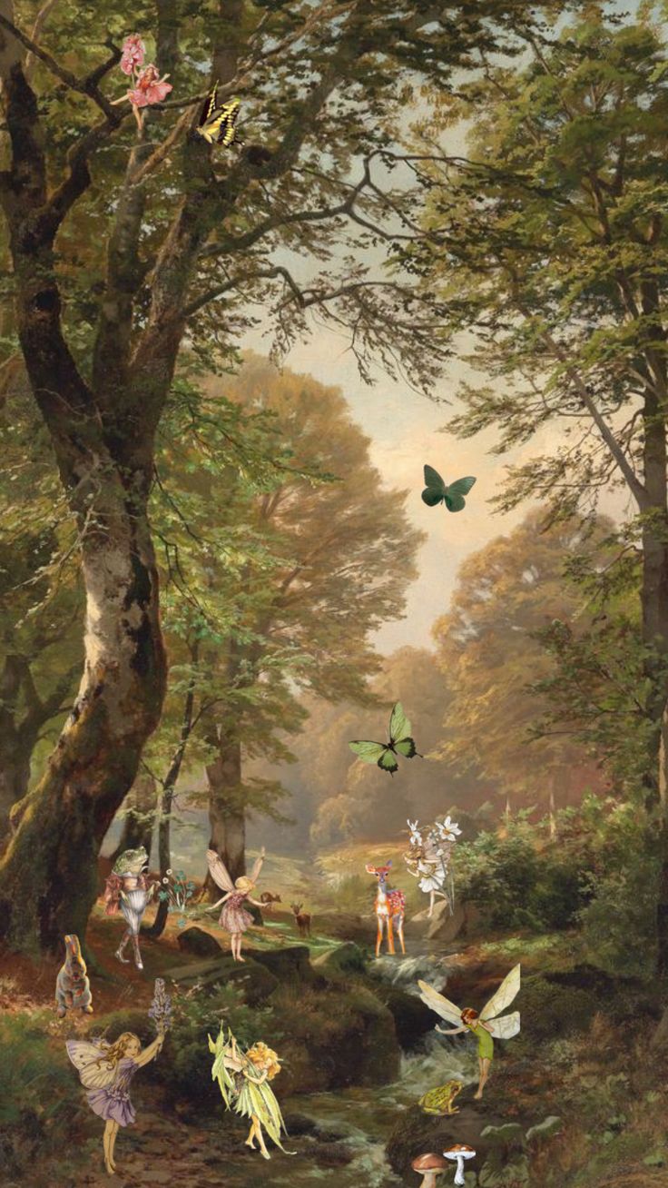 a painting with many people in the woods and some butterflies flying over them, while others are