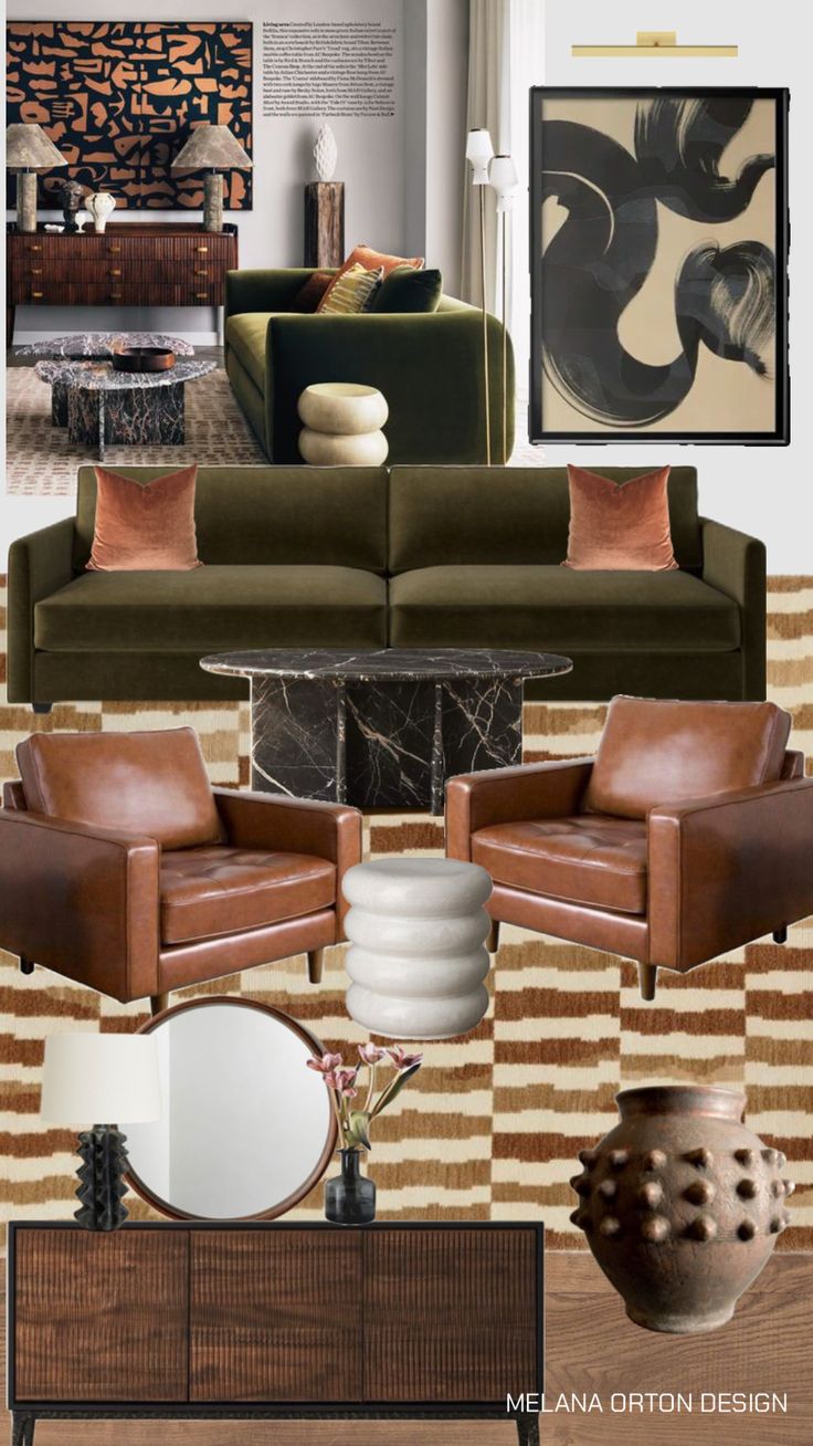 a living room filled with furniture and decor items in brown, beige and white colors