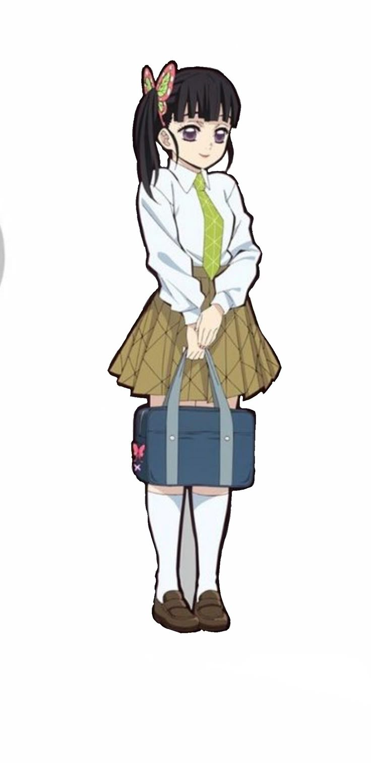 an anime character is holding a bag and posing for the camera with her hands on her hips