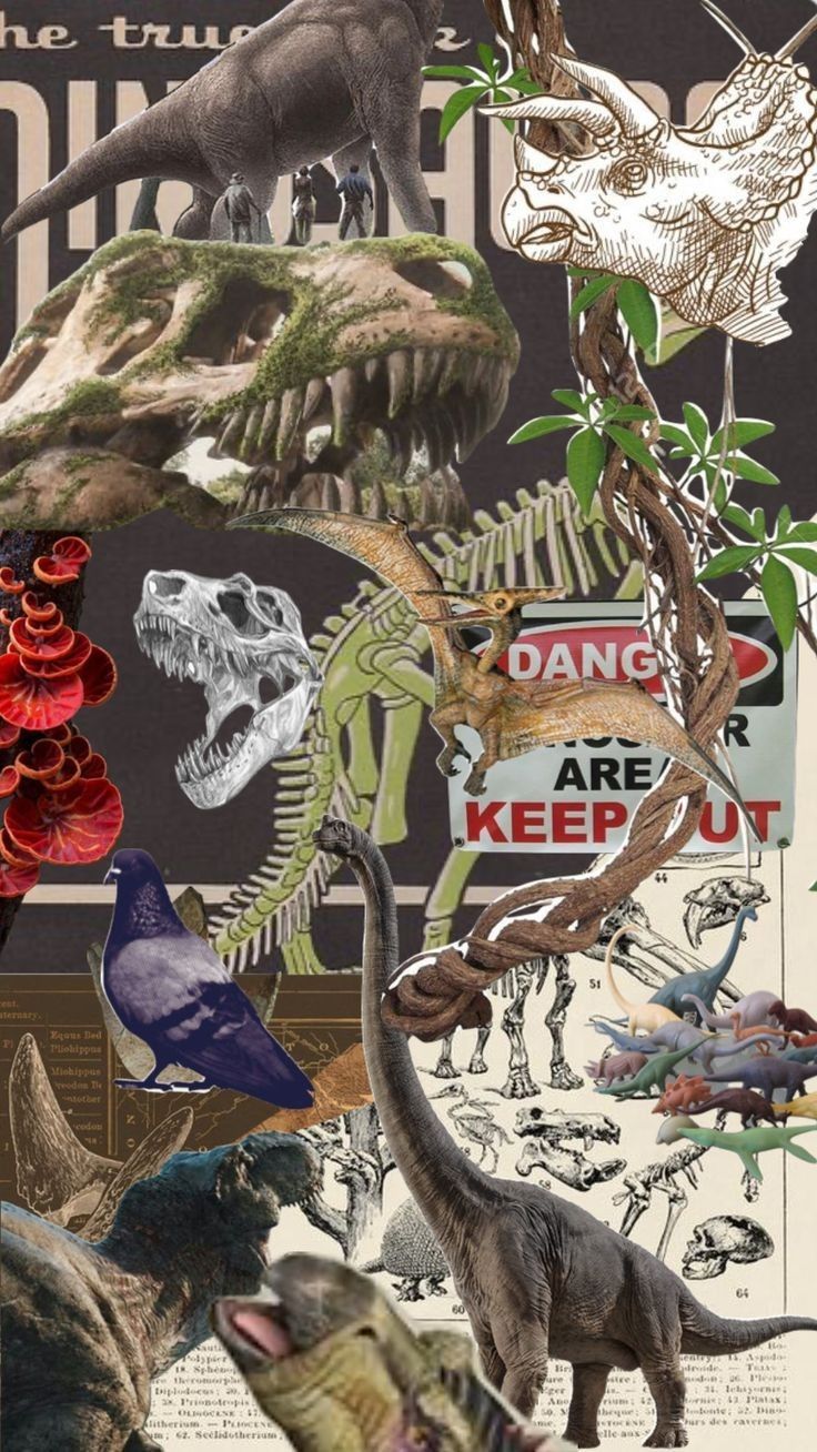 a collage of dinosaurs and other things