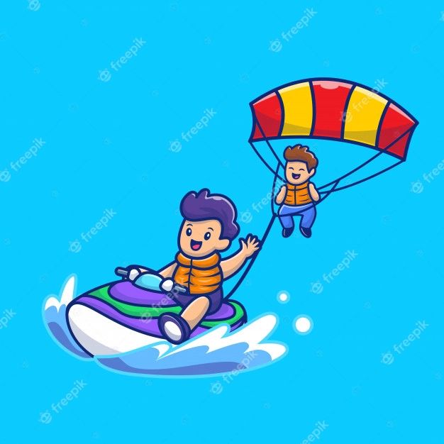 two children are parasailing in the blue sky