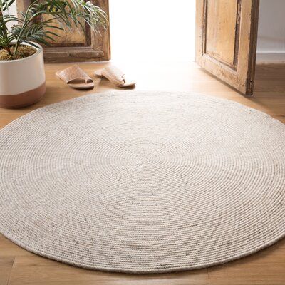 a round rug is on the floor in front of a potted plant and door