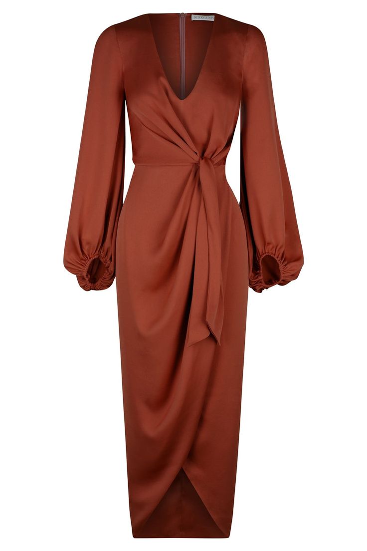 Luxe Tie Front Balloon Sleeve Midi Dress | Sangria | Dresses | Shona Joy – Shona Joy International Dana Dress, Sangria Dress, Party Dress Classy, Shona Joy, Dress Classy, Midi Dress With Sleeves, Brown Dress, Cocktail Hour, Classy Dress