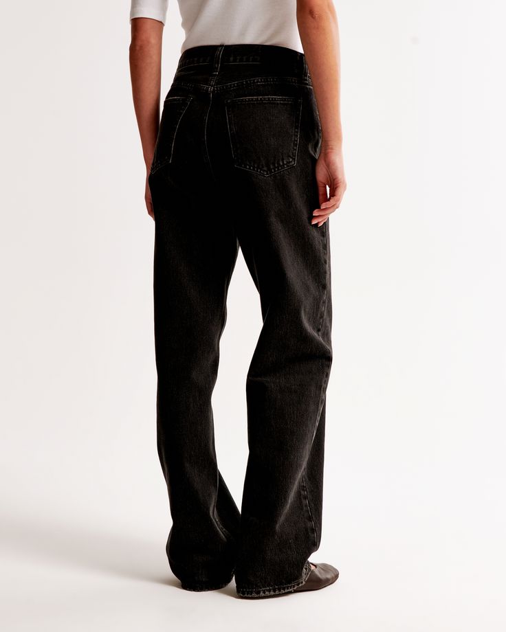 Our new mid rise slouchy jeans in a black wash with a clean hem. This fit features a 9.5” mid rise, is slouchy at the waist and hips, and eases through the thigh into a baggy, full-length leg shape. We recommend buying your true size for a slouchier fit. Size down for a closer fit. This jean is made from our heavyweight rigid denim, a super soft authentic cotton fabric with no stretch. Black Washed Rigid Denim Bottoms, Black Rigid Denim Bottoms With Straight Hem, Everyday Black Cotton Flare Jeans, Black Cotton Flare Jeans For Everyday, Washed Black Relaxed Fit Flare Jeans For Spring, Relaxed Fit Flare Jeans In Washed Black For Spring, Spring Relaxed Fit Washed Black Flare Jeans, Spring Washed Black Relaxed Fit Flare Jeans, Classic Straight Leg Washed Black Bottoms