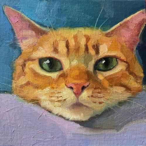 an oil painting of a cat with green eyes on a blue background, looking at the camera