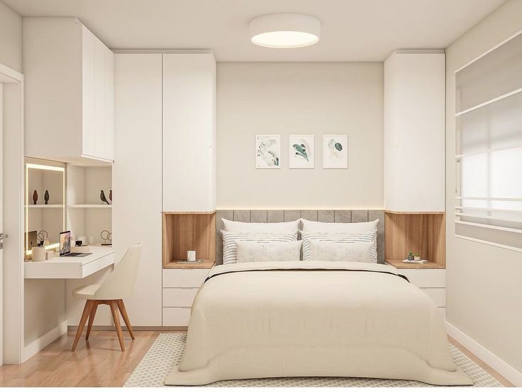 a bedroom with a bed, desk and shelves in the corner next to each other