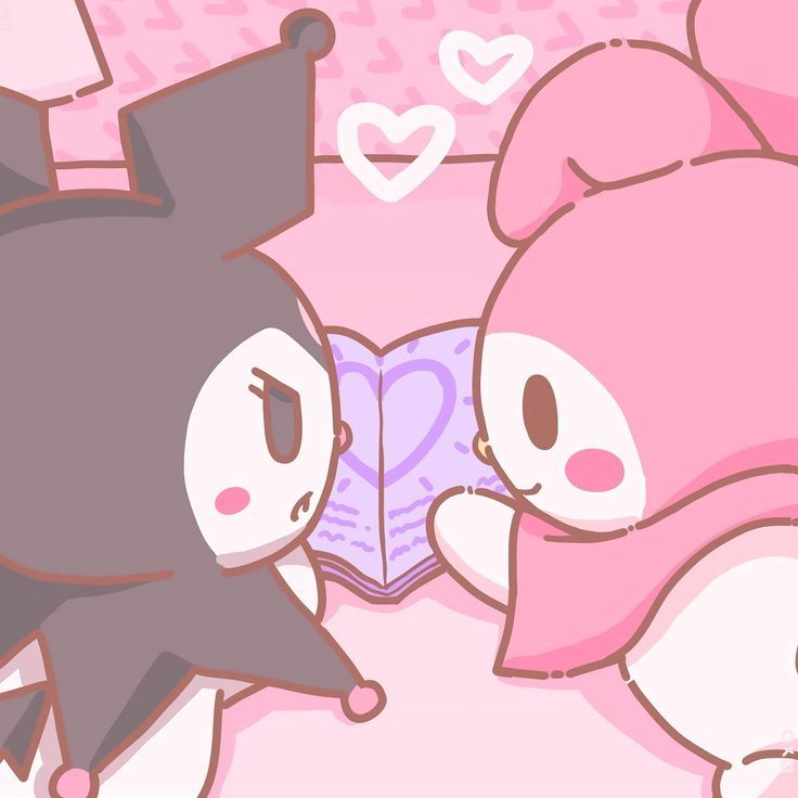 two cartoon characters are touching each other in front of a heart shaped object with their hands