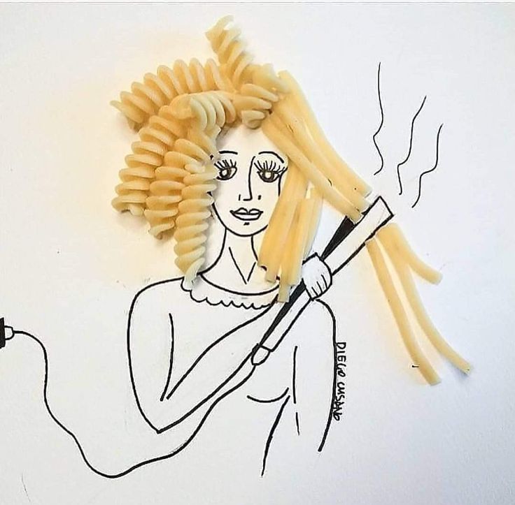 a drawing of a woman holding a hair dryer with pasta noodles in her hands