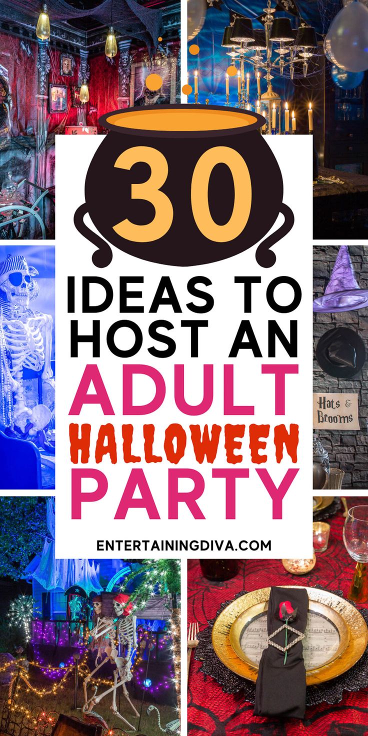 an adult halloween party with lots of decorations and lights on the walls, including a large sign