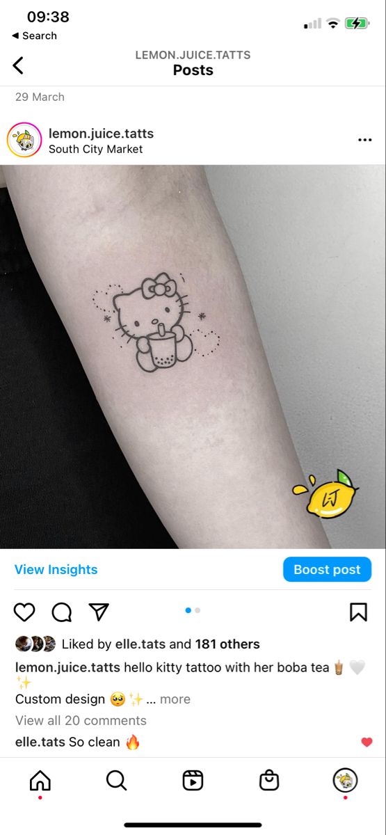 a small hello kitty tattoo on the left inner arm, and an image of a yellow submarine