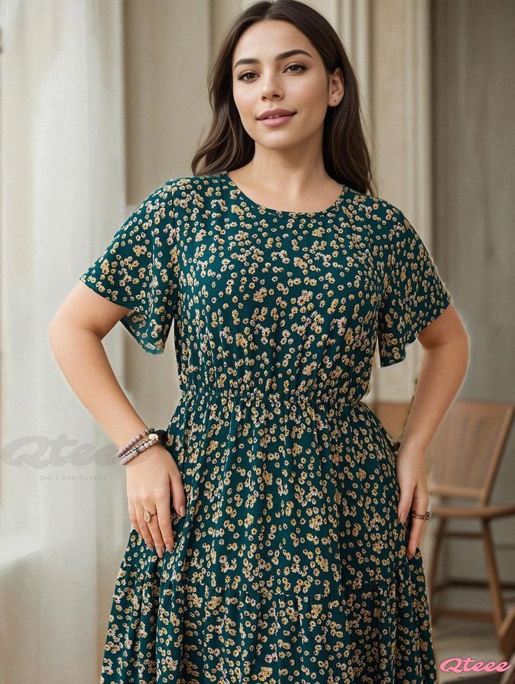 Qteee - Stylish Printed Loose-Fit Dress Casual Floral Print Crew Neck Dress, Casual Dresses With Crew Neck And Floral Print, Casual Dresses With Floral Print And Crew Neck, Loose Fitting Dresses, Crewneck Dress, Maxi Dress Green, Printed Dress, Printed Maxi, Types Of Skirts