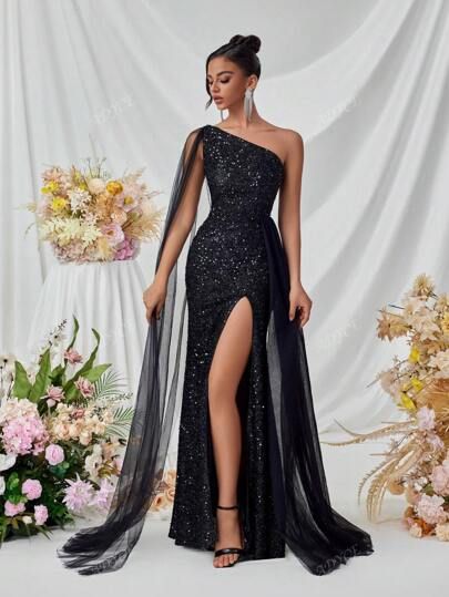 Black Off The Shoulder Cocktail Dress, Extravagant Evening Gowns, Long Sleeve Gala Gown, Evening Gala Dress, Mismatched Black Bridesmaids Dresses, Drenusha Xharra Dresses, Black Shiny Prom Dress, Black Swan Inspired Dress, Black Gown Makeup