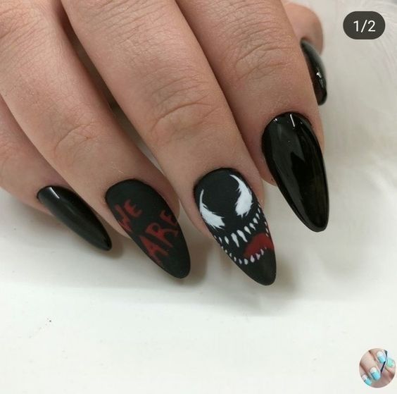 Marvel Nails, Horror Nails, Gothic Nails, Goth Nails, Makijaż Smokey Eye, Acrylic Nails Coffin Short, Short Acrylic Nails, Best Acrylic Nails, Long Acrylic Nails