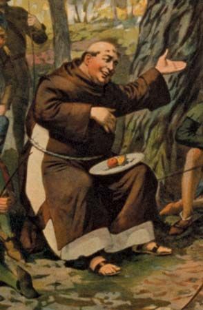 a painting of a monk sitting in the woods with his hands out and pointing at something