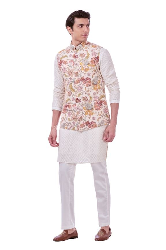 White, multicolor bundi with thread embroidery in floral pattern. Paired with embroidered kurta and pant. - Aza Fashions Kurta Set Men, Kurta Set For Men, Nehru Jacket, Nehru Jackets, Kurta With Pants, Thread Embroidery, Silk Embroidery, Kurta Set, Silk Thread