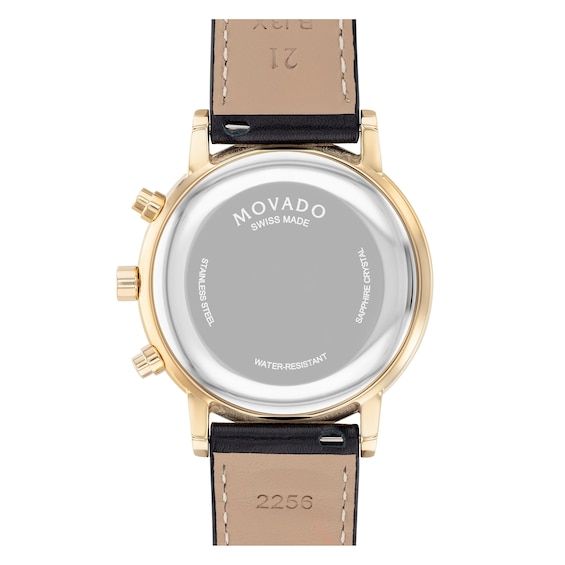 This contemporary men's watch from Movado Museum Sport collection is sure to turn heads. The watch is 42mm in diameter and features a yellow gold PVD stainless steel case, gold-tone bezel, black chronograph dial, Swiss quartz movement and date window at 4 o'clock. A buckle clasp secures the black leather strap, and the watch is water-resistant to 30 meters. Modern Gold Chronograph Watch For Formal Events, Window Model, Yellow Watches, Jared The Galleria Of Jewelry, Dot Markers, Peoples Jewellers, Anniversary Jewelry, Popular Jewelry, Classic Gold