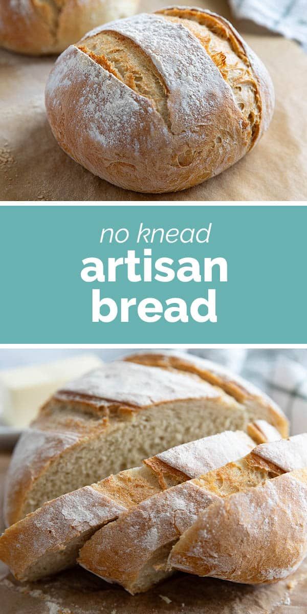 no knead artisan bread on a cutting board with text overlay that reads, no knead artisan bread