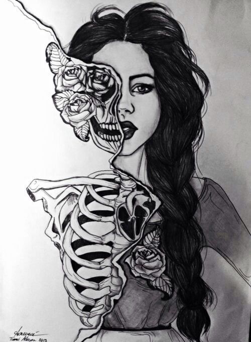 a drawing of a woman with a skeleton on her shoulder and roses in her hair