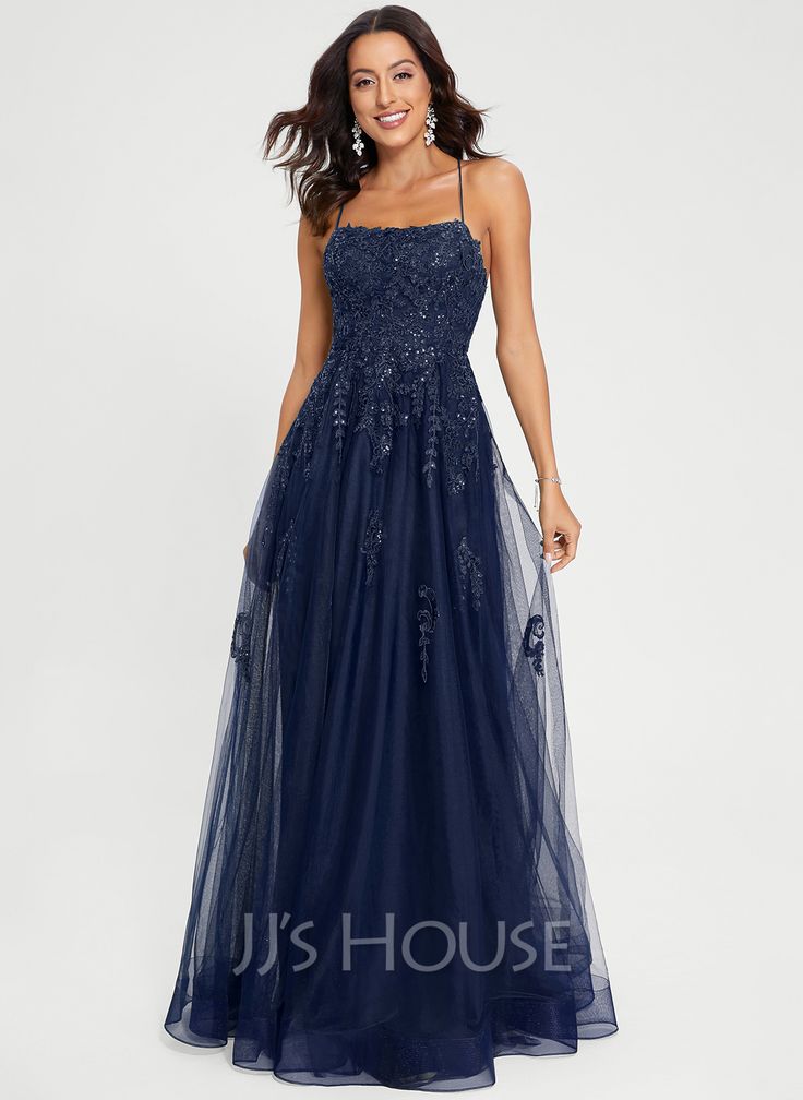 A-line Square Floor-length Tulle Prom Dresses (018287134) - JJ's House Grad Dresses 2023, Dark Purple Prom Dress, Dark Blue Prom Dresses, Flowy Prom Dresses, Infinity Dress Bridesmaid, Dresses With Beading, Navy Prom Dresses, Modest Prom Dresses, Tulle Prom Dresses