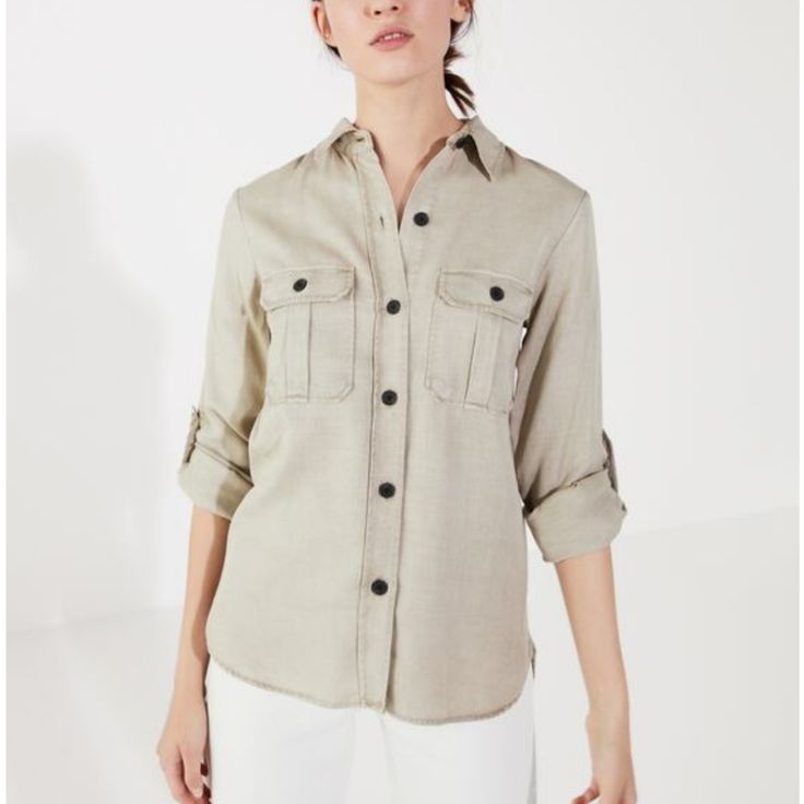 Zara Beige/Grey Shirt With Pockets, Collar, Turned-Up Long Sleeves, And Tabs, Patch Pockets With Flaps At Chest, Asymmetric Hem, Contrasting ... Zara Long Sleeve Shirt For Everyday, Zara Cotton Shirt For Everyday, Zara Tops For Workwear With Relaxed Fit, Zara Tops Relaxed Fit For Workwear, Neutral Collared Tops For Everyday, Khaki Cotton Tops For Work, Zara Casual Tops For Workwear, Cotton Tops With Roll-up Sleeves For Everyday, Casual Khaki Cotton Blouse